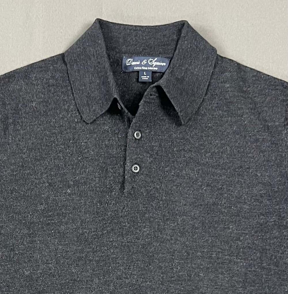 Davis & Squire Merino Wool Polo Sweater Size L Gray Long Sleeve